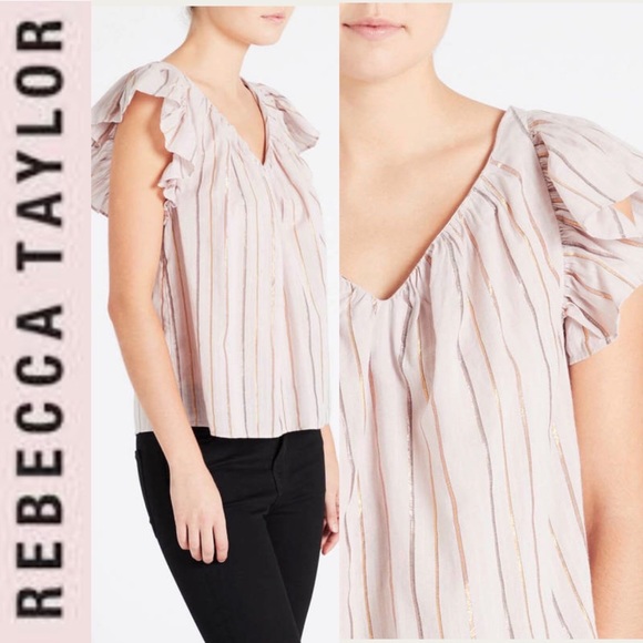La Vie Rebecca Taylor' Lurex Metallic Stripe Top in Faded Lilac S - Picture 2 of 16